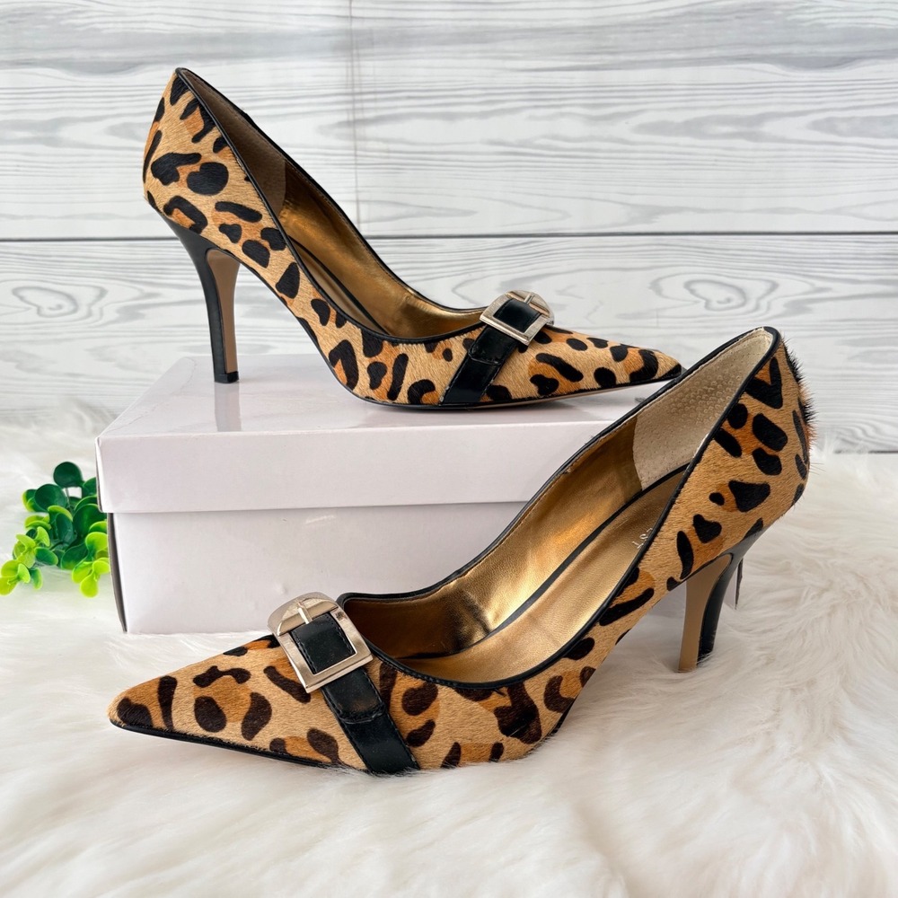 Nine West "Belltown" Leopard Print Calf Hair Pointed Toe Buckle Pumps Heels